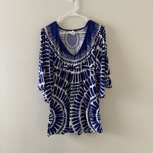 Trina Turk Algiers Flowy Tunic Top Sz Small Boho Cover-Up Beach Swim Blue White